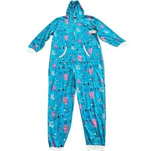 Boxercraft One Piece Pajamas 2X Blue Owl Print Fleece Hooded Sleeper Relaxed New